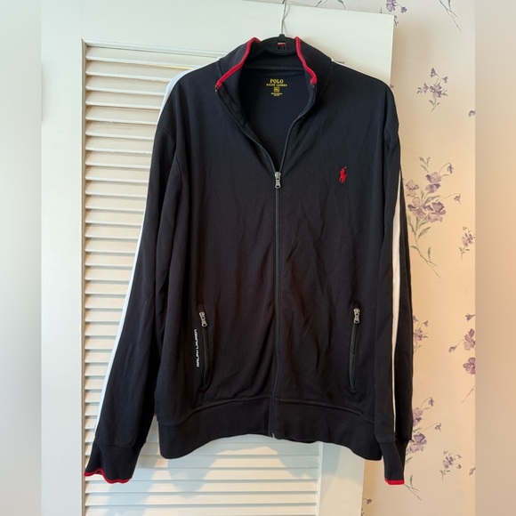 Polo Ralph Lauren Black Zip Up Sweatshirt White Stripe and Zippered Pockets XXL - Picture 2 of 9